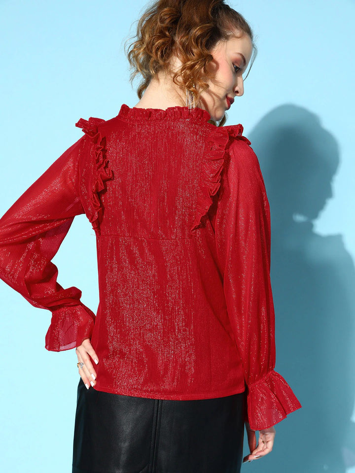 plusS Red Bishop Sleeves Ruffles Georgette Top