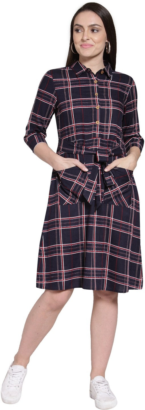 plusS Women Navy Blue Checked Shirt Dress