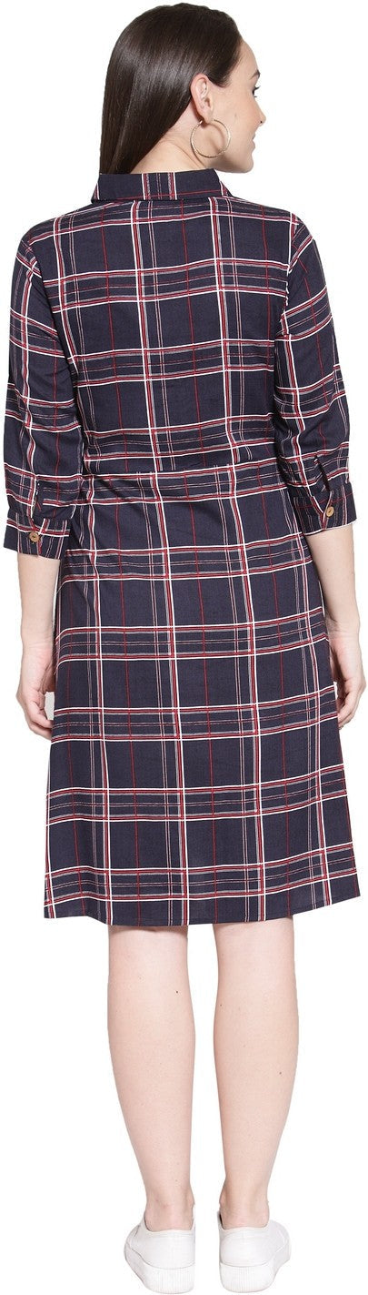 plusS Women Navy Blue Checked Shirt Dress