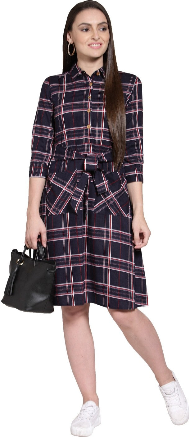 plusS Women Navy Blue Checked Shirt Dress