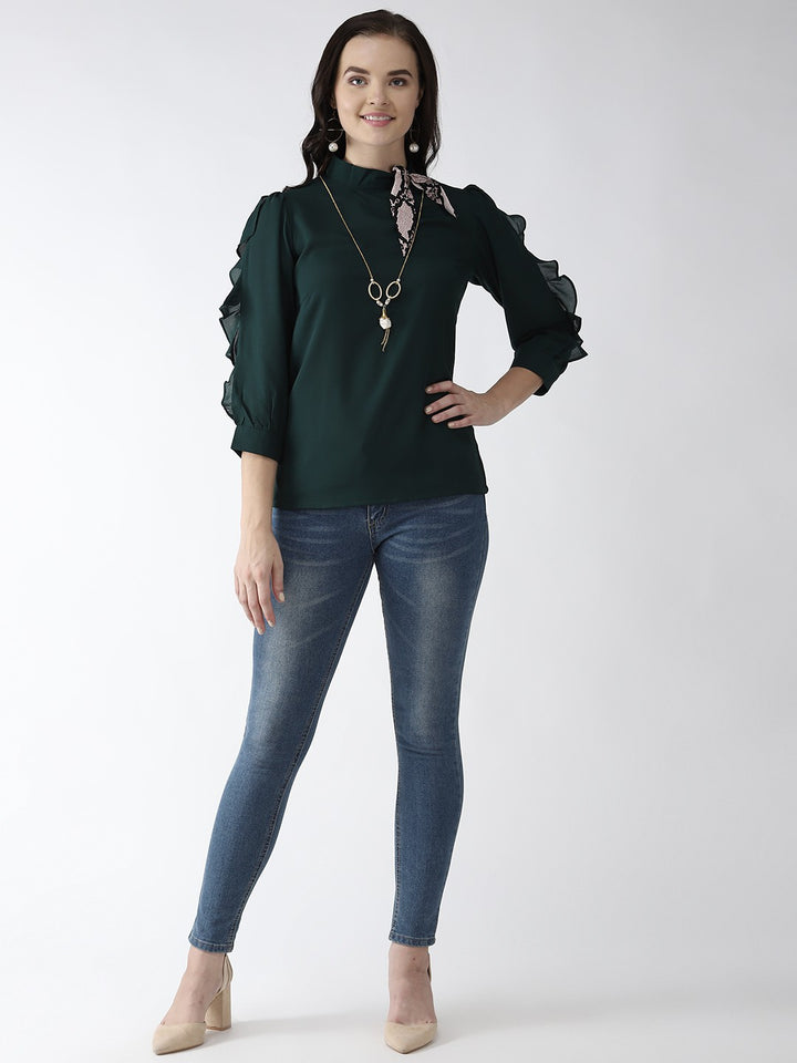 plusS Green Frill Detail Top with Mini Scarf