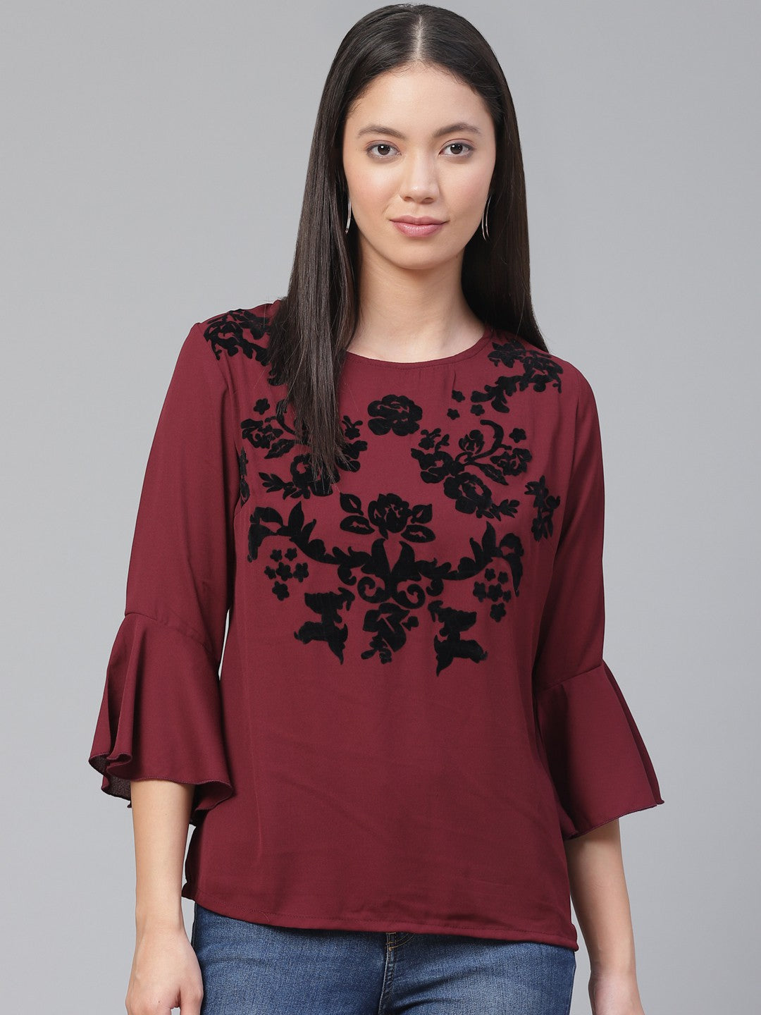 plusS Women Maroon  Black Floral Print Top