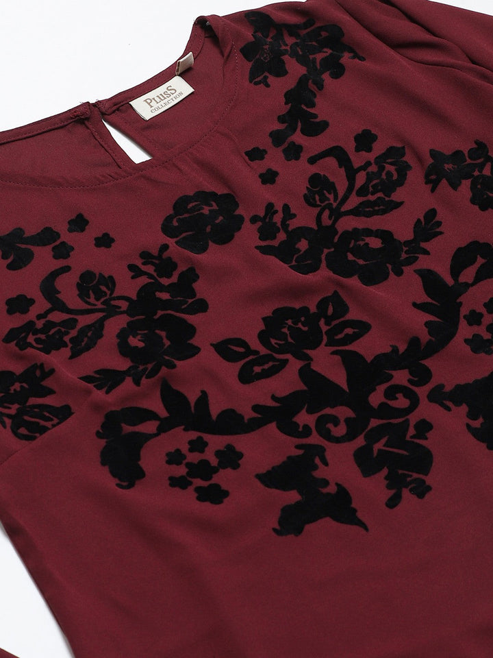 plusS Women Maroon  Black Floral Print Top