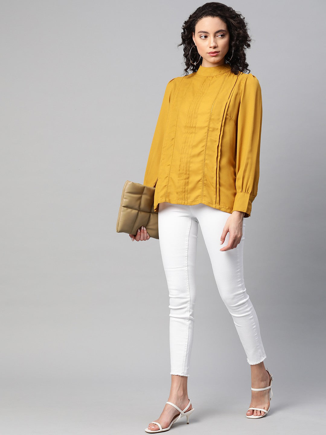 plusS Mustard Yellow High Neck Pleated Top