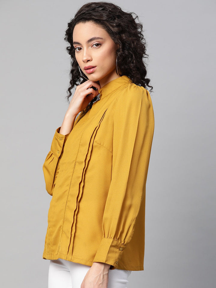 plusS Mustard Yellow High Neck Pleated Top