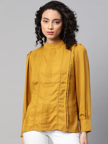 plusS Mustard Yellow High Neck Pleated Top