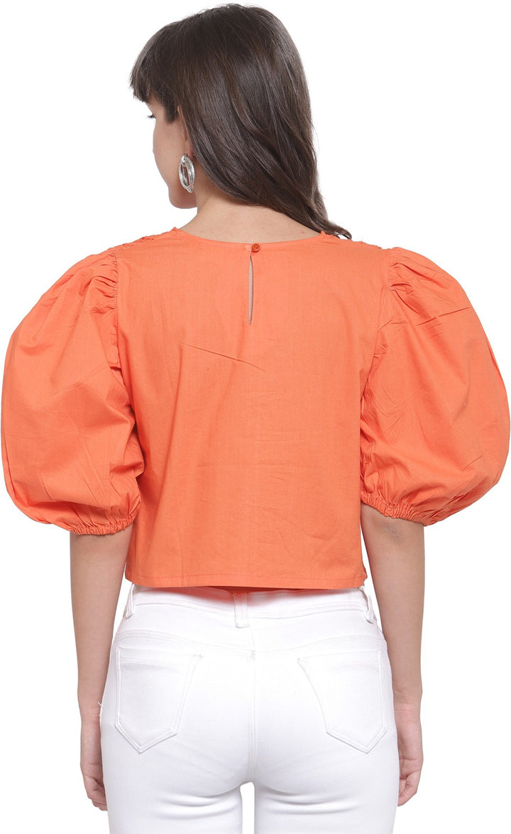 plusS Orange Schiffli Puff Sleeves Pure Cotton Laced Regular Top