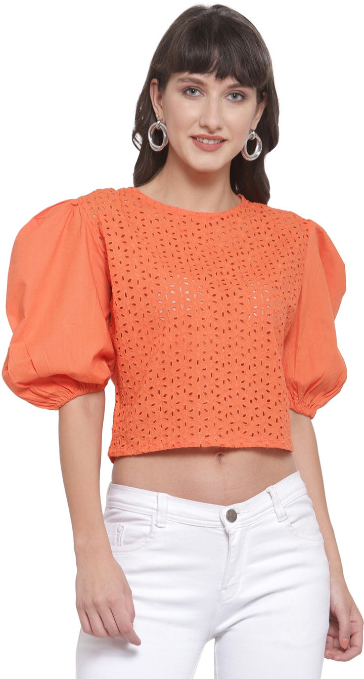 plusS Orange Schiffli Puff Sleeves Pure Cotton Laced Regular Top