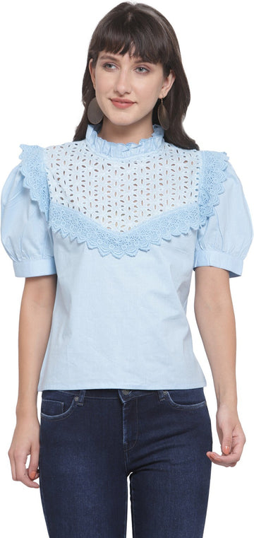 Blue Schiffli Embroidery Mandarin Collar Pure Cotton Regular Top