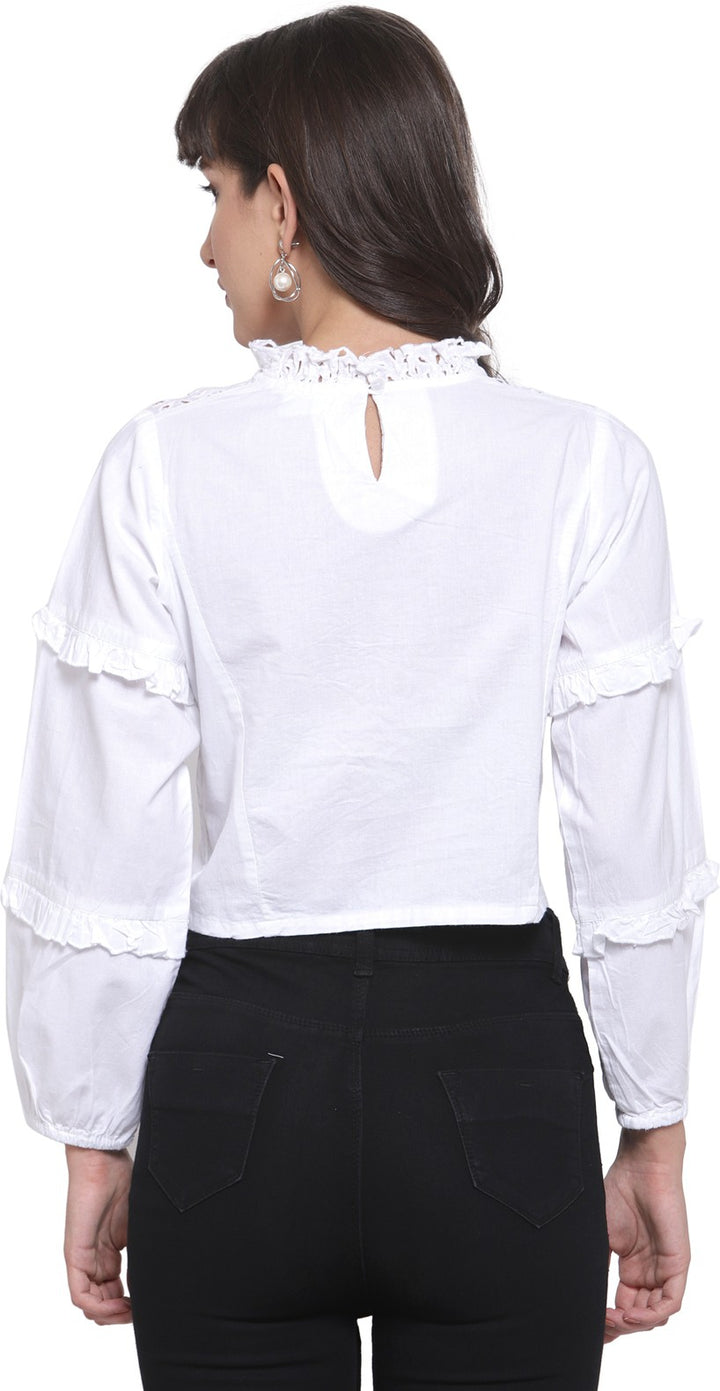 plusS White Pure Cotton Ruffled Schiffli Laced Regular Top