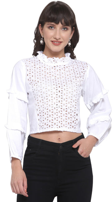 plusS White Pure Cotton Ruffled Schiffli Laced Regular Top