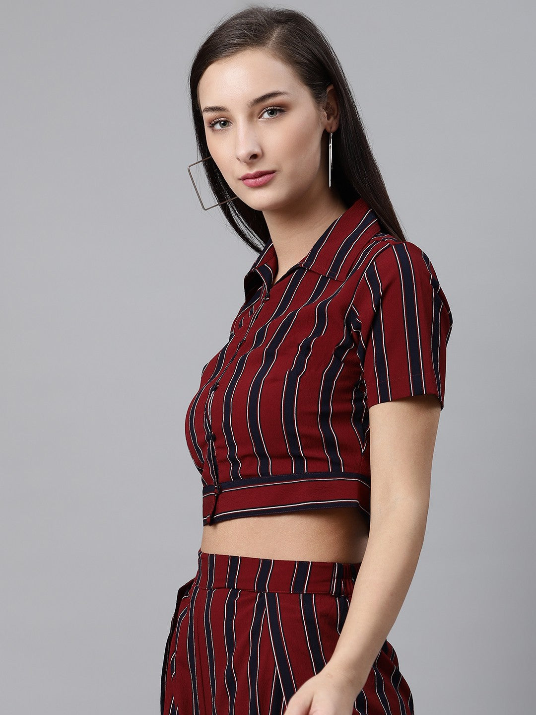 plusS Women Maroon  Black Striped Crop Casual Shirt
