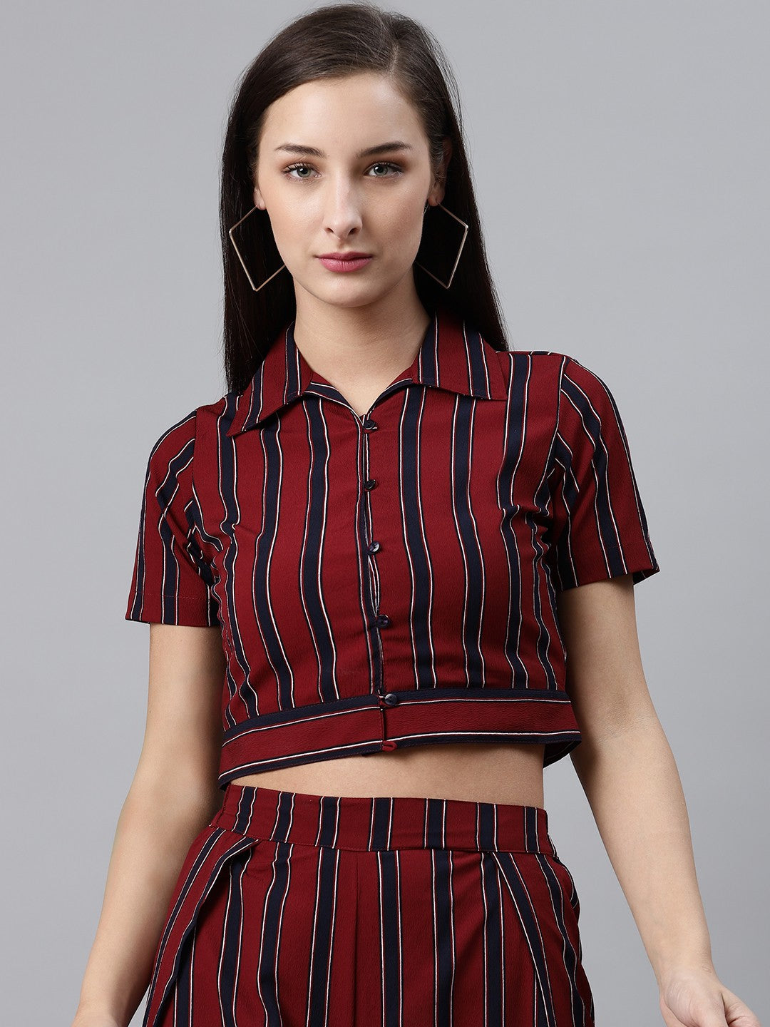 plusS Women Maroon  Black Striped Crop Casual Shirt