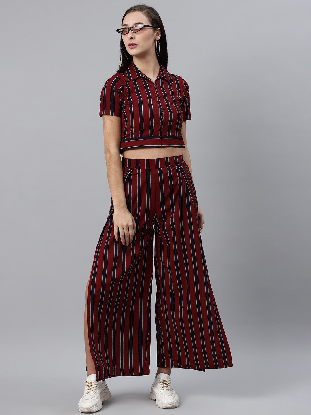 plusS Women Maroon  Black Striped Crop Casual Shirt