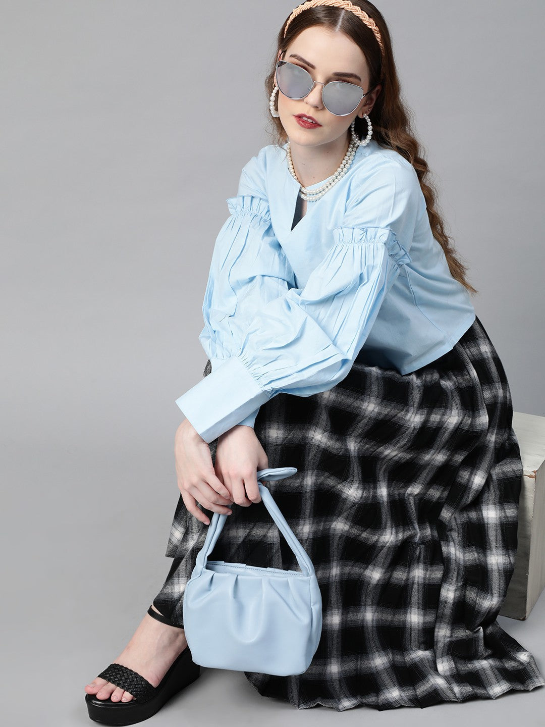 plusS Blue Solid Ruched Sleeves Crop Top