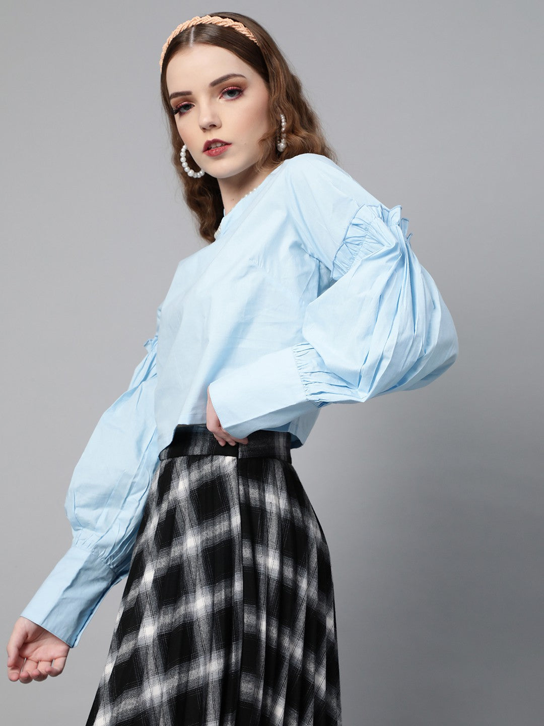 plusS Blue Solid Ruched Sleeves Crop Top