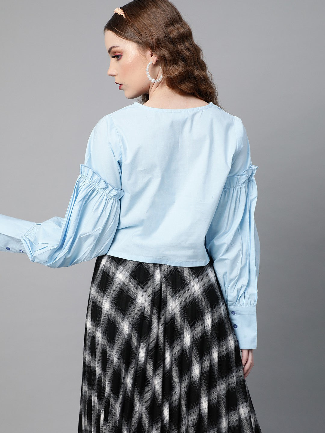 plusS Blue Solid Ruched Sleeves Crop Top