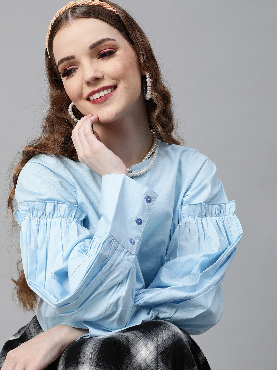 plusS Blue Solid Ruched Sleeves Crop Top