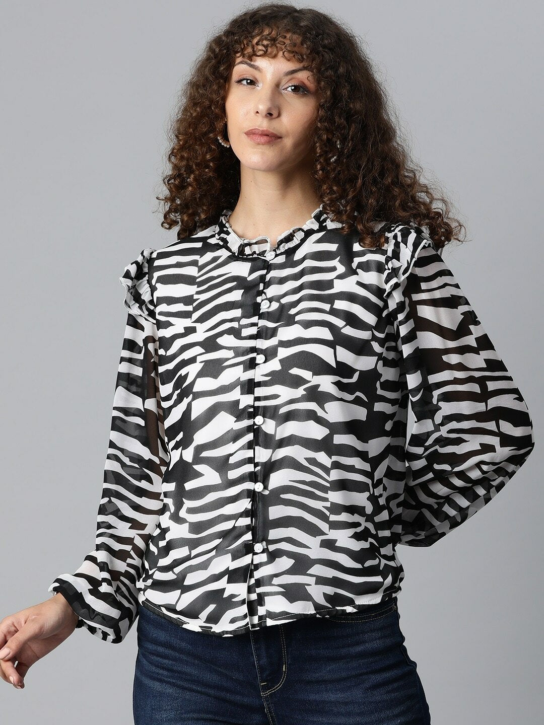 Black Semi Sheer Printed Puff Sleeves Casual Shirt with Ruffles Detail