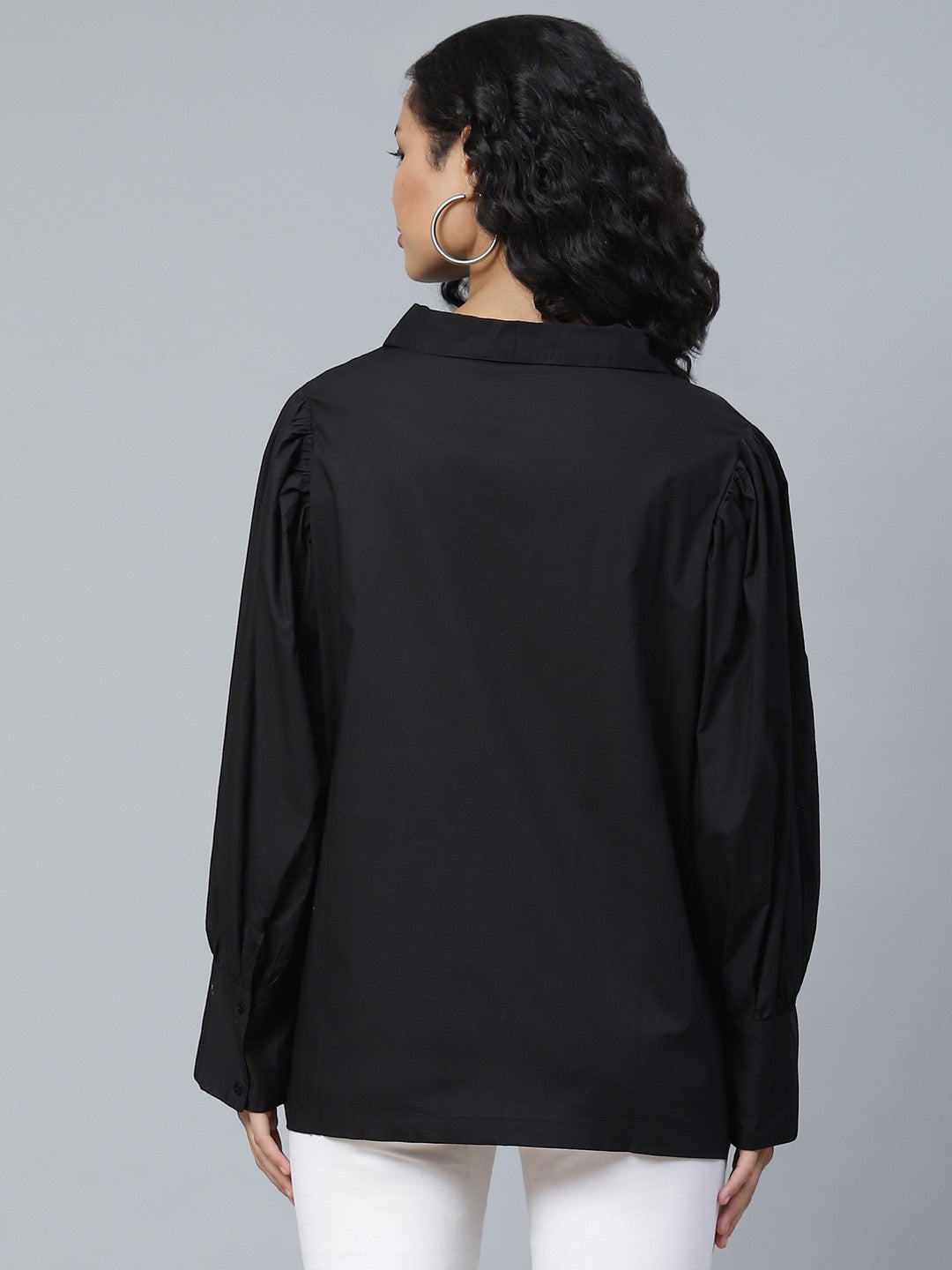 plusS Deep Black Solid Bishop Sleeves Shirt Style Top