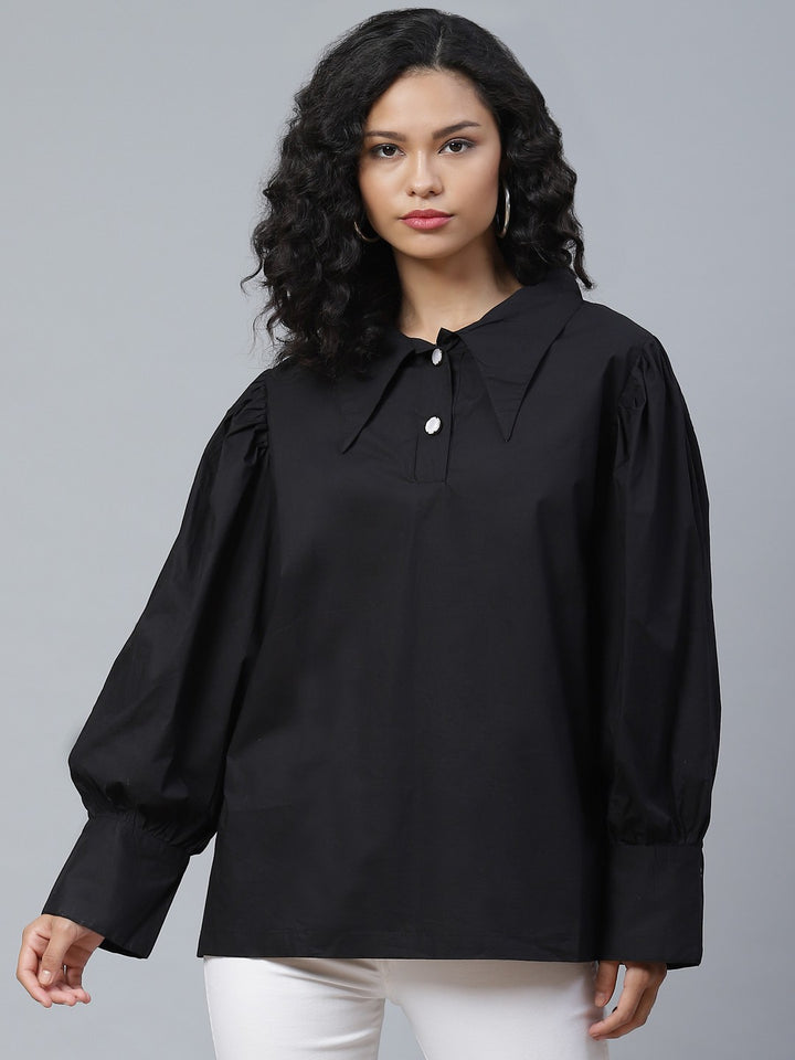 plusS Deep Black Solid Bishop Sleeves Shirt Style Top