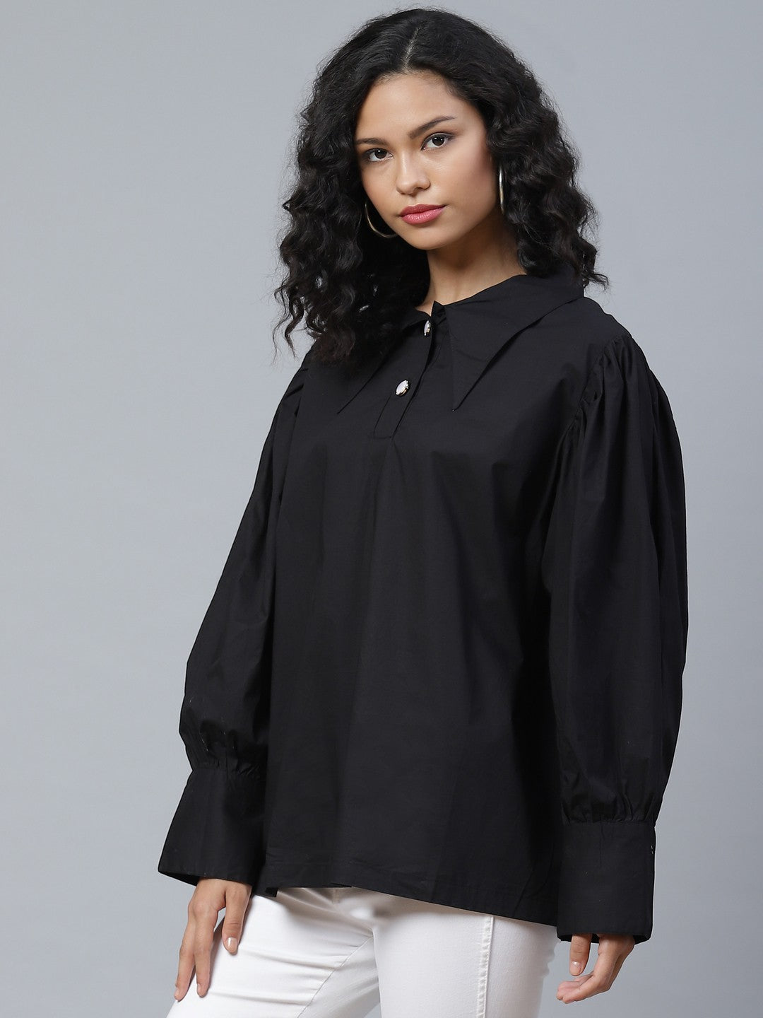 plusS Deep Black Solid Bishop Sleeves Shirt Style Top