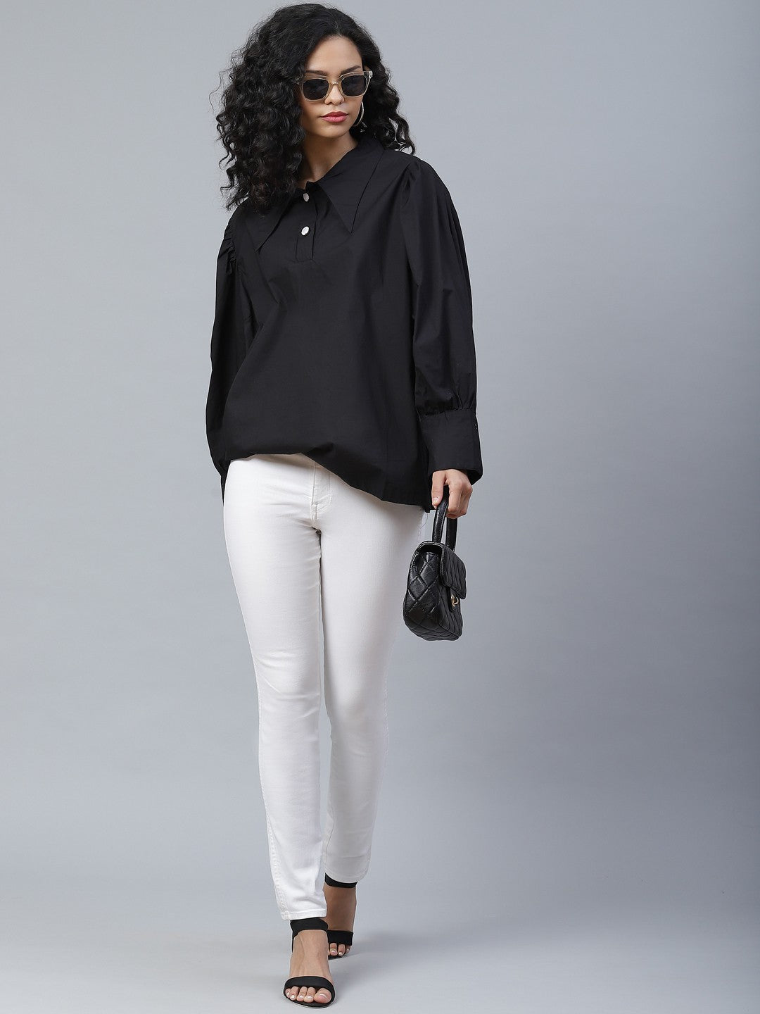 plusS Deep Black Solid Bishop Sleeves Shirt Style Top