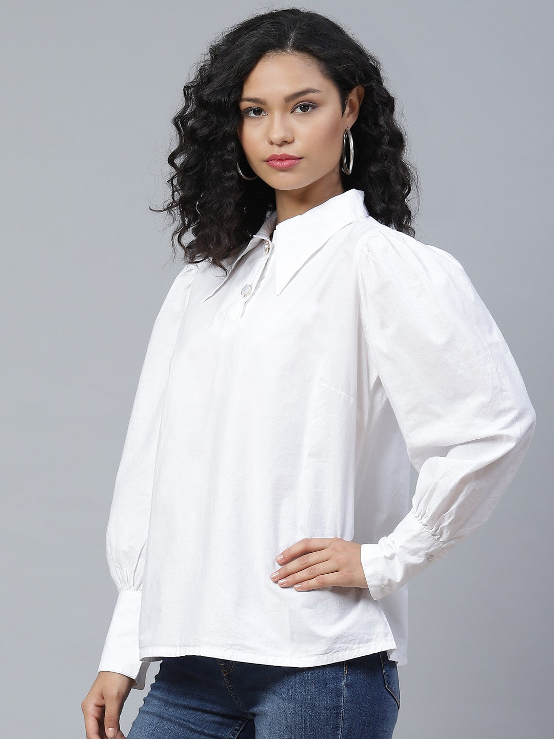 plusS Flashy White Solid Bishop Sleeves Shirt Style Top