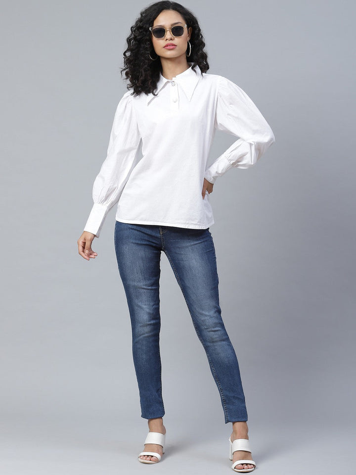 plusS Flashy White Solid Bishop Sleeves Shirt Style Top