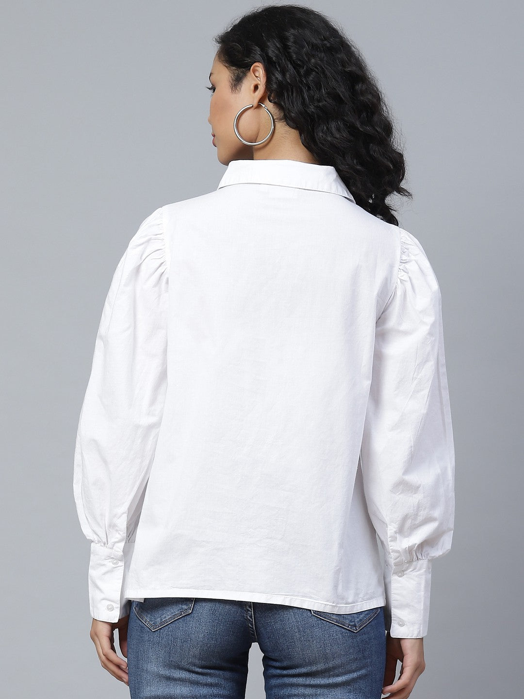 plusS Flashy White Solid Bishop Sleeves Shirt Style Top