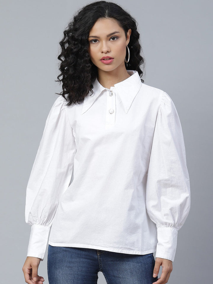 plusS Flashy White Solid Bishop Sleeves Shirt Style Top