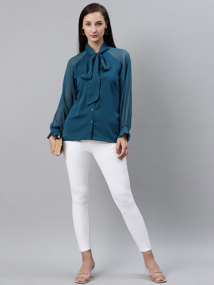 plusS Teal Blue Solid Tie-Up Neck Top with Dobby Weave Detail