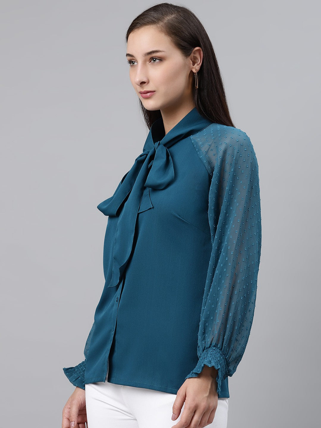 plusS Teal Blue Solid Tie-Up Neck Top with Dobby Weave Detail