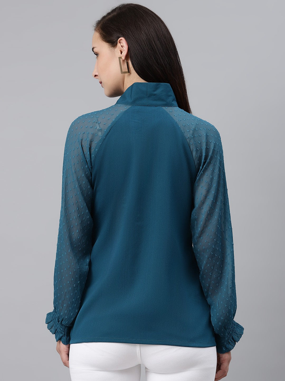 plusS Teal Blue Solid Tie-Up Neck Top with Dobby Weave Detail