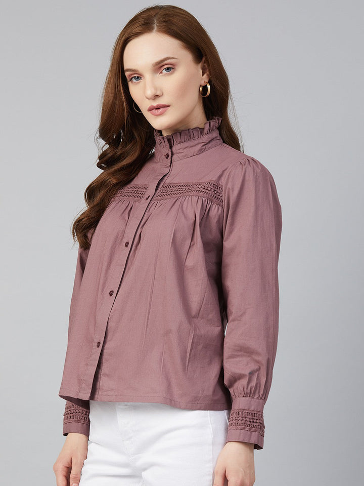 plusS Elegant Mauve Ruched and Smocked Shirt