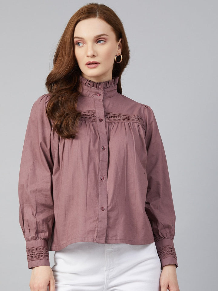 plusS Elegant Mauve Ruched and Smocked Shirt