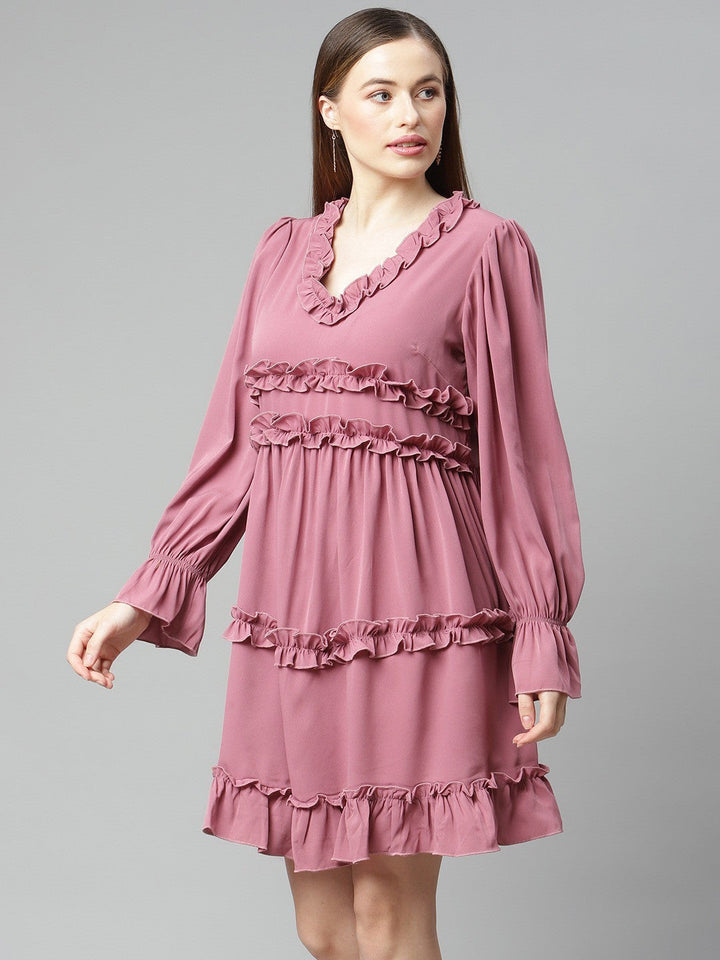 plusS Dusty Pink Solid A-Line Tiered Ruffle Dress