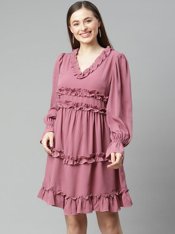 plusS Dusty Pink Solid A-Line Tiered Ruffle Dress