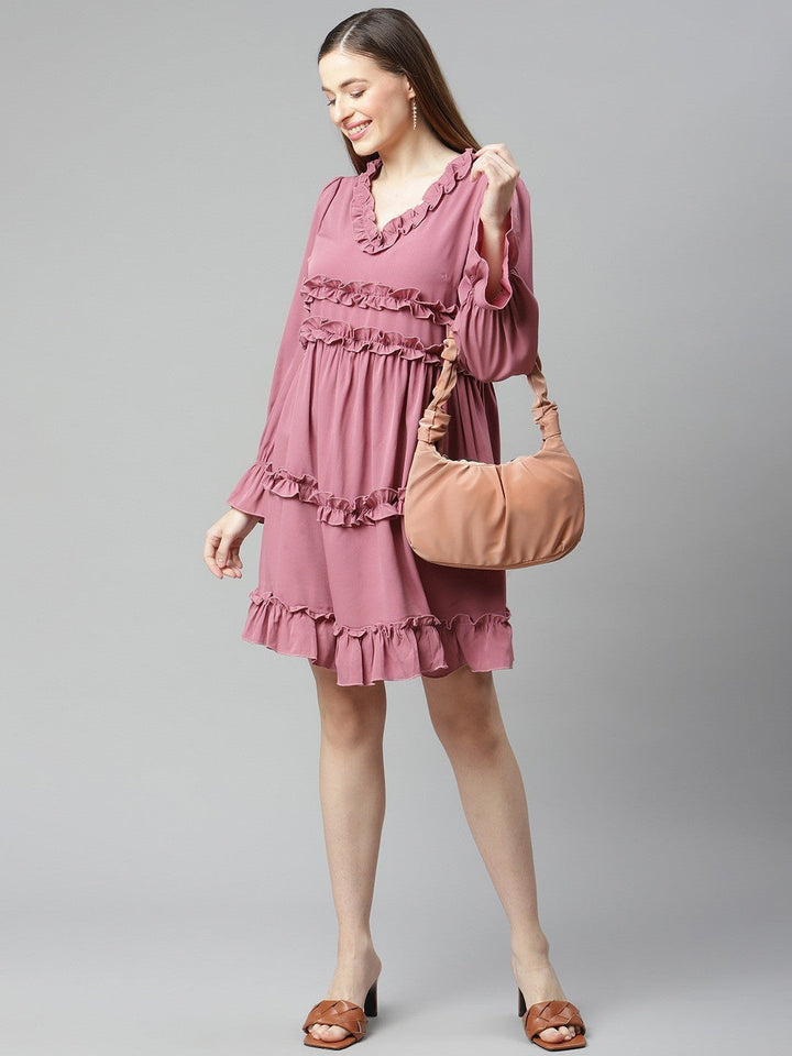 plusS Dusty Pink Solid A-Line Tiered Ruffle Dress