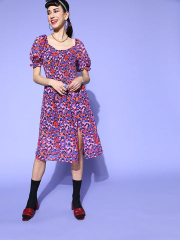 plusS Women Blue  Red Polka Dot Print Georgette A-Line Puff Sleeves Dress