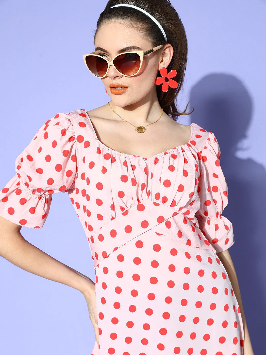 plusS Women Pretty Pink Polka Dotted Once Upon a Sleeve Dress