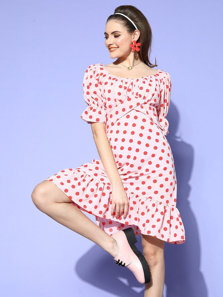 plusS Women Pretty Pink Polka Dotted Once Upon a Sleeve Dress