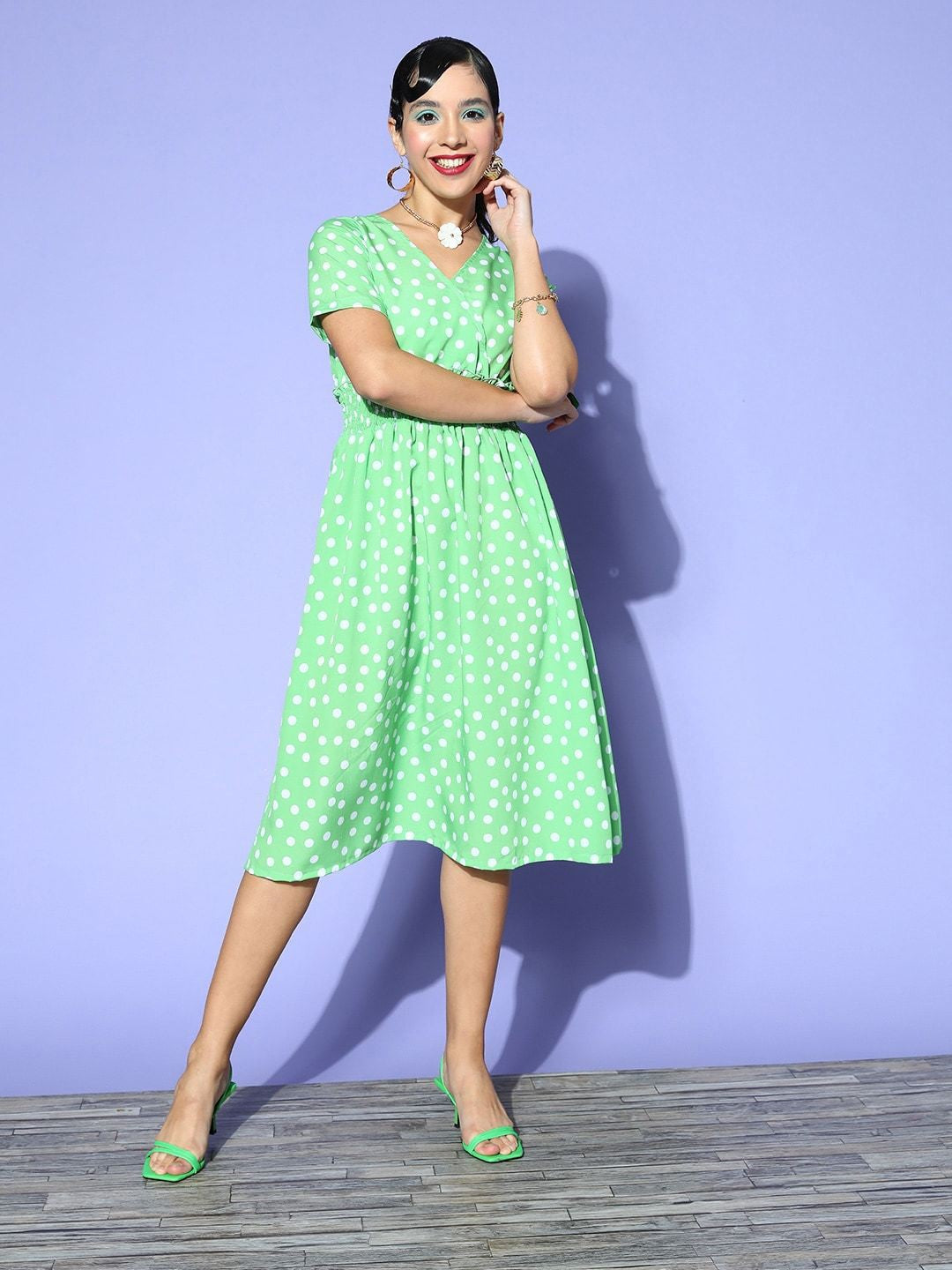 plusS Green  White Printed A-Line Midi Dress