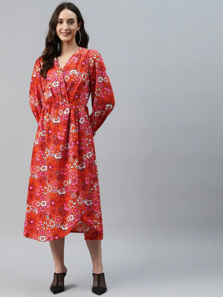 plusS Orange  Red Floral Print Wrap Midi Dress