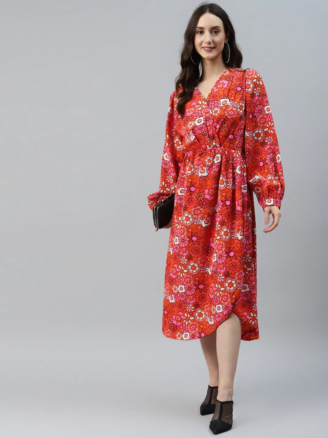 plusS Orange  Red Floral Print Wrap Midi Dress