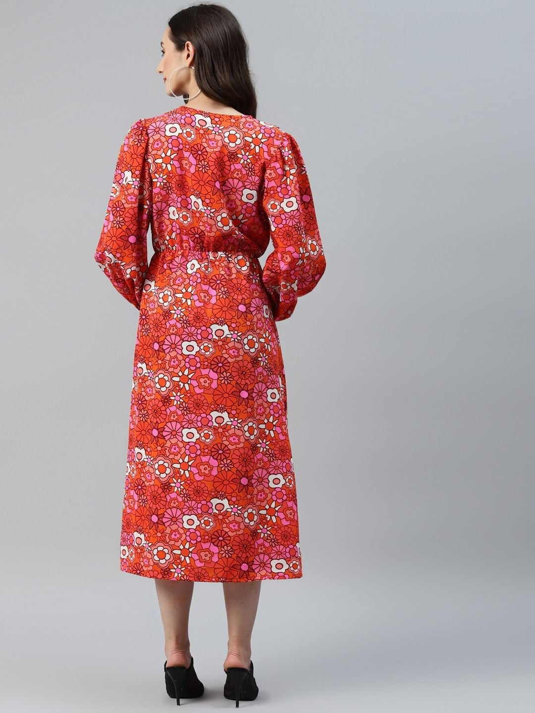 plusS Orange  Red Floral Print Wrap Midi Dress