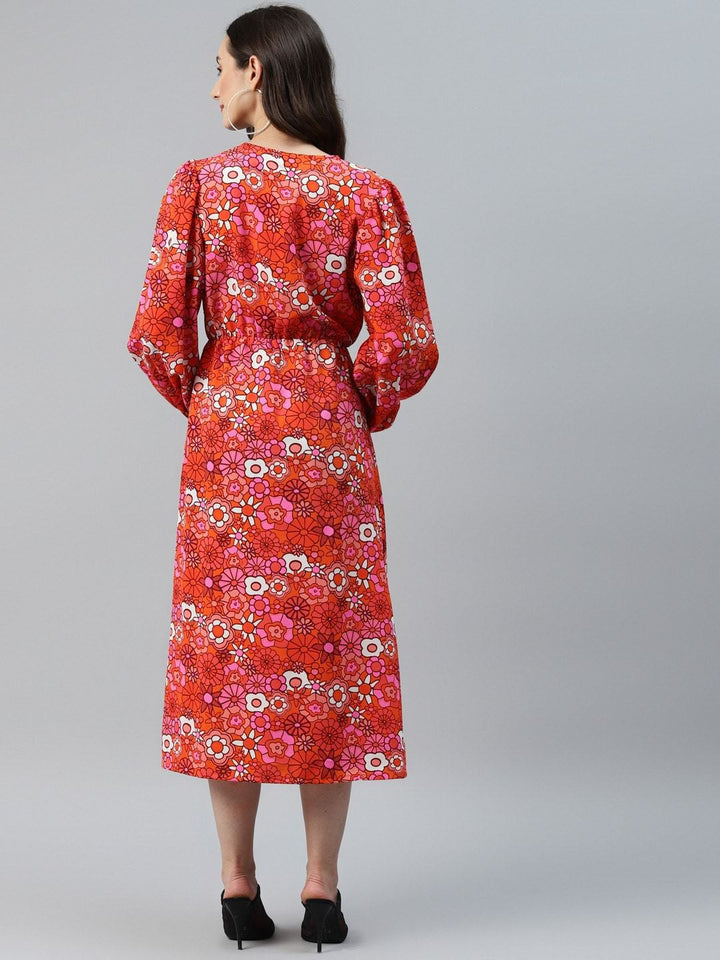 plusS Orange  Red Floral Print Wrap Midi Dress