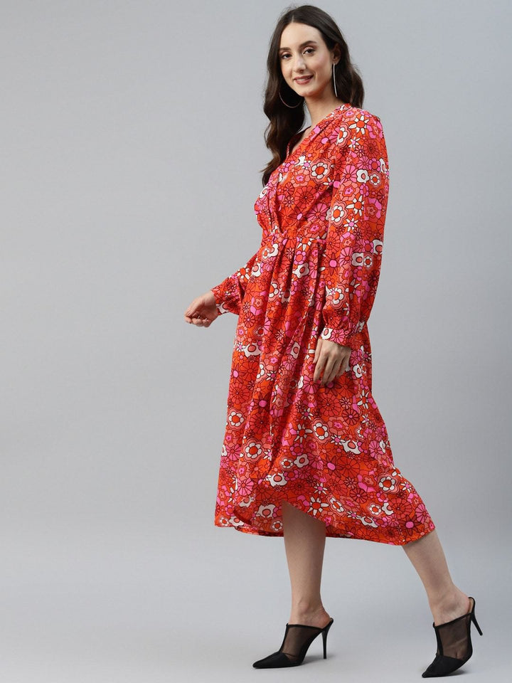 plusS Orange  Red Floral Print Wrap Midi Dress