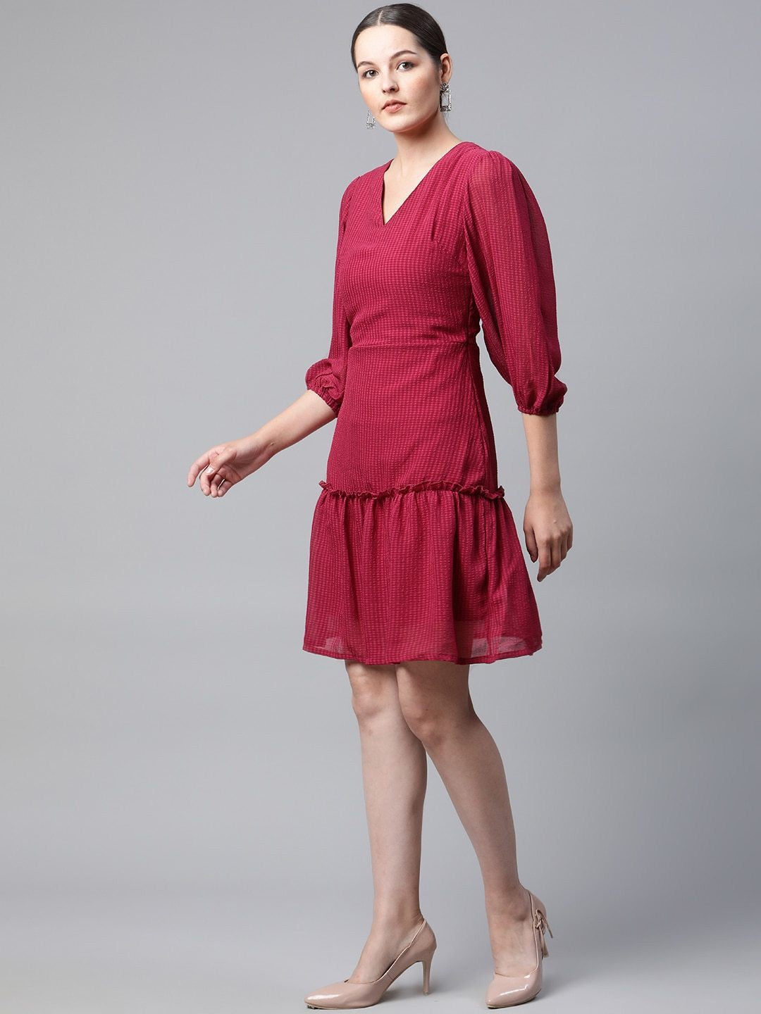 plusS Red Self Design Puff Sleeves A-Line Dress