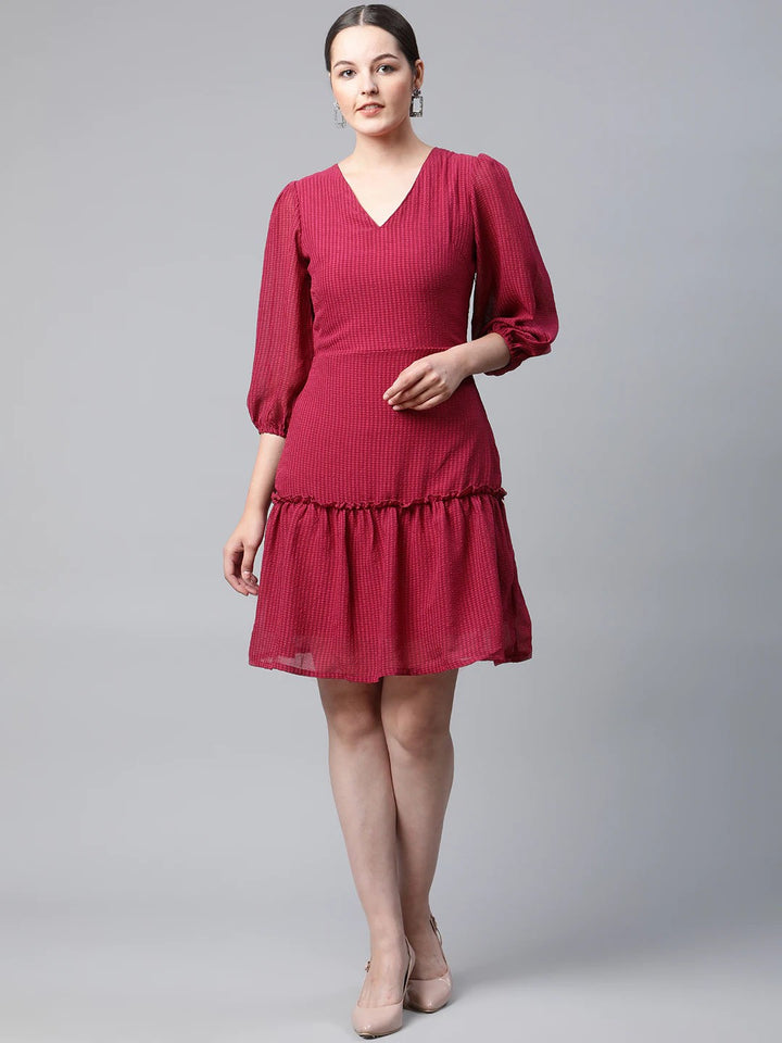 plusS Red Self Design Puff Sleeves A-Line Dress